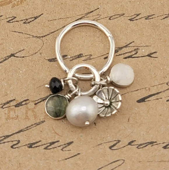 CHARM RING PEARL, MOONSTONE AND LABRADORITE HANDMADE STERLING SILVER METAL 6.5 - Picture 5 of 5